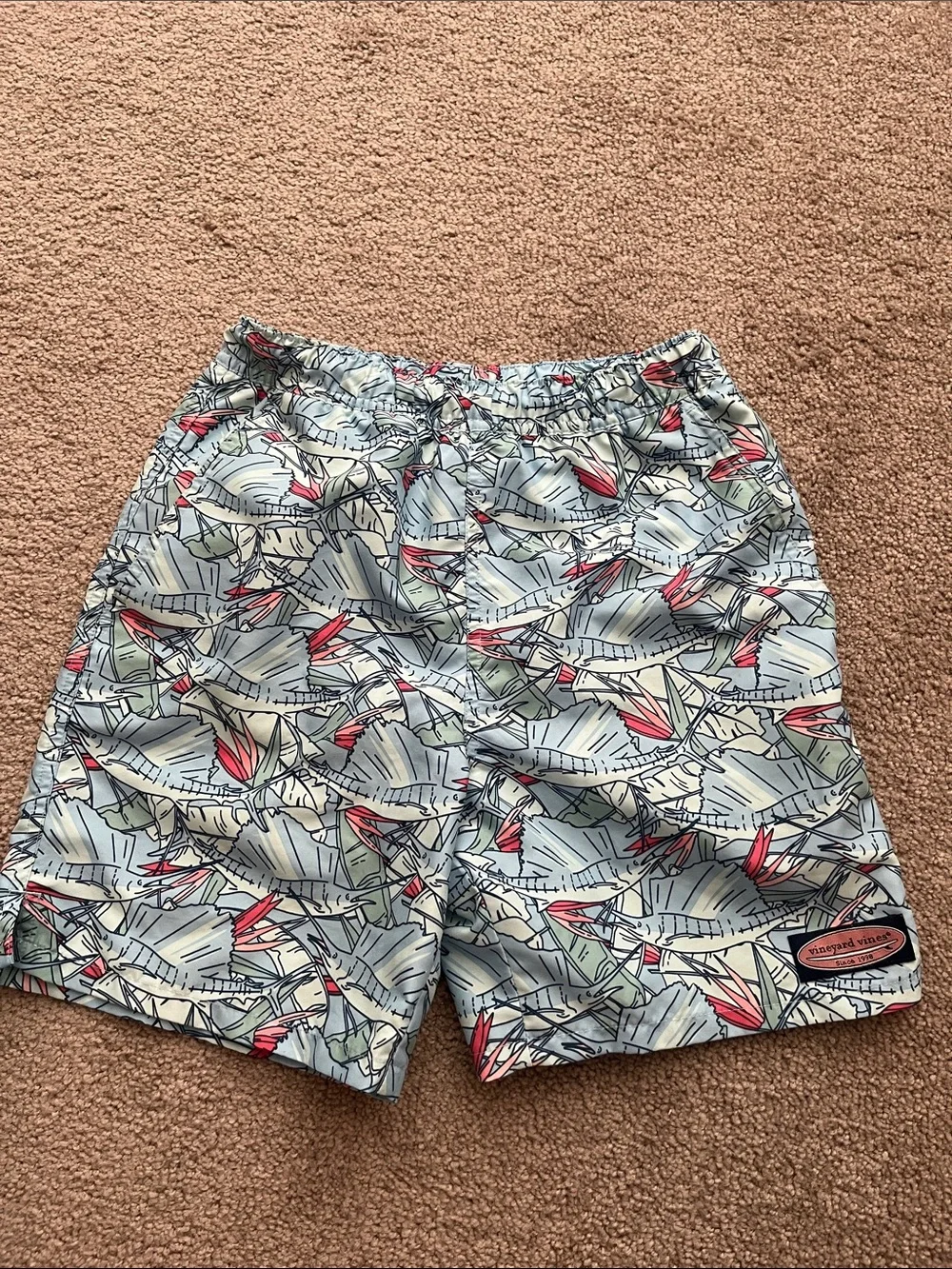 Vineyard Vines Boys Light Blue Swim Trunks with Swordfish and Coral Accents